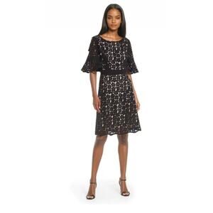 New Shani Collection Bell-Sleeve Laser Cut Dress in Beige Size 2